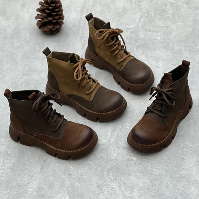 Women Retro Handmade Genuine Leather Platform Short Boots