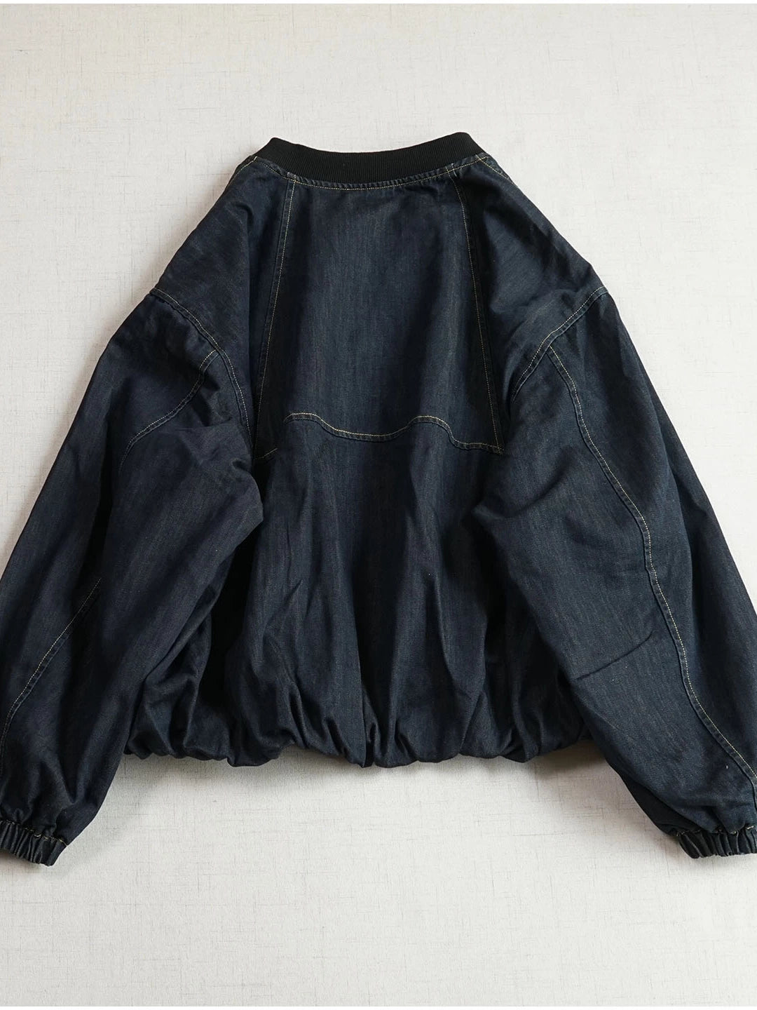 Autumn Retro Denim Loose Stand Collar Tulip Hem Zipper Coat