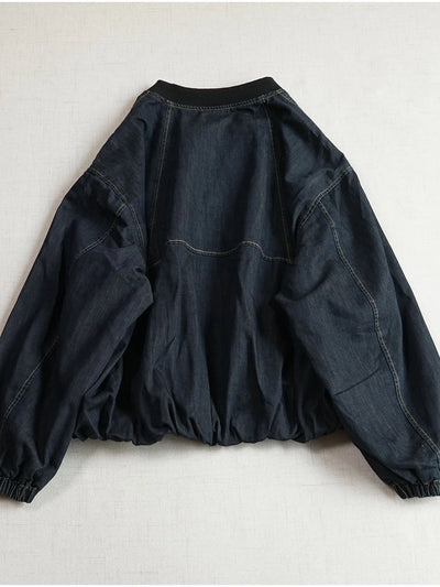 Autumn Retro Denim Loose Stand Collar Tulip Hem Zipper Coat