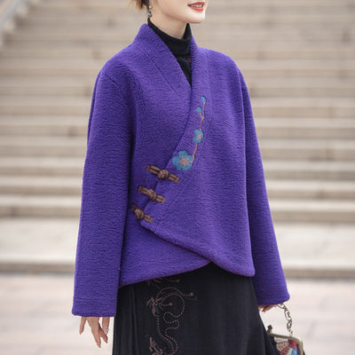 Women Ethnic Style Wool Suede Lining Cross-Over Warm Coat