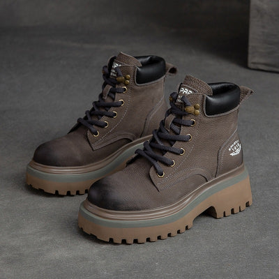 Women Retro Fashion Lace- Up Platform Leather Boots