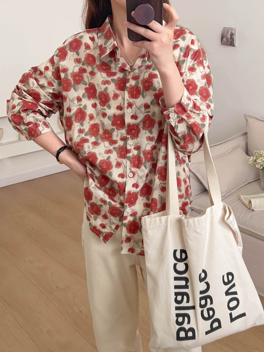 Women Retro Cotton Fashionable Floral Printed Loose Shirt