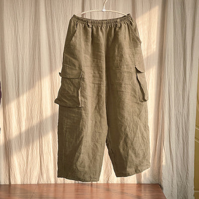 Women's Vintage Workwear Cotton Linen Loose Cargo Wide-Leg Pants