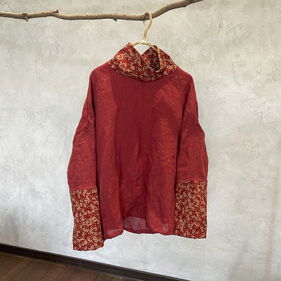 Ladies Vintage Loose Printed Patchwork Turtleneck Linen Top