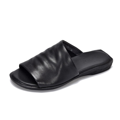 Women Summer Leather Casual Soft Flat Sole Open Toe Slippers
