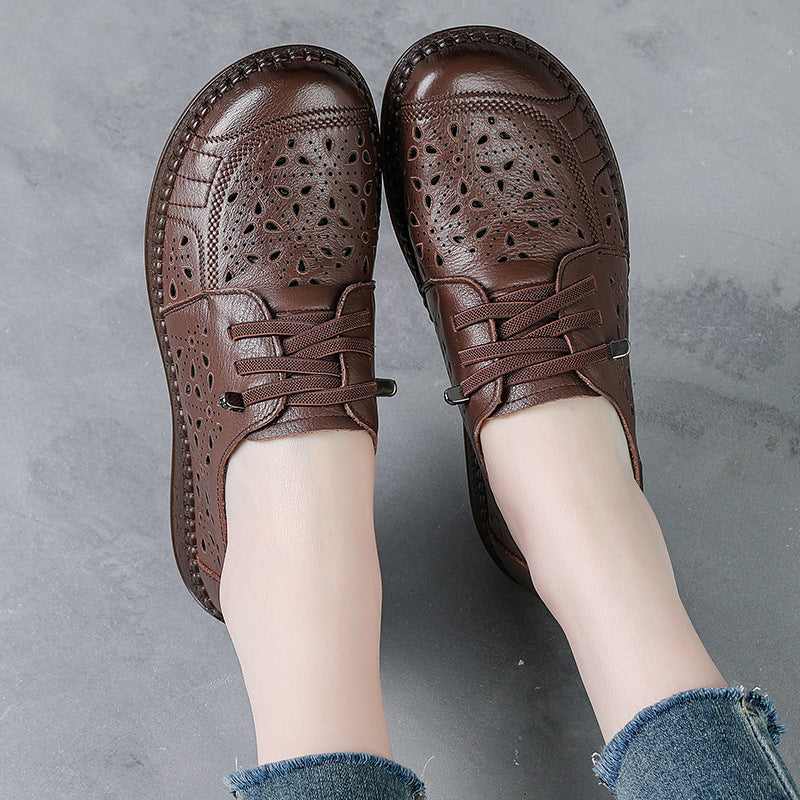 Women Summer Genuine Leather Ethnic Style Hollow Peep Toe Sandals