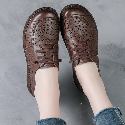 Women Summer Genuine Leather Ethnic Style Hollow Peep Toe Sandals