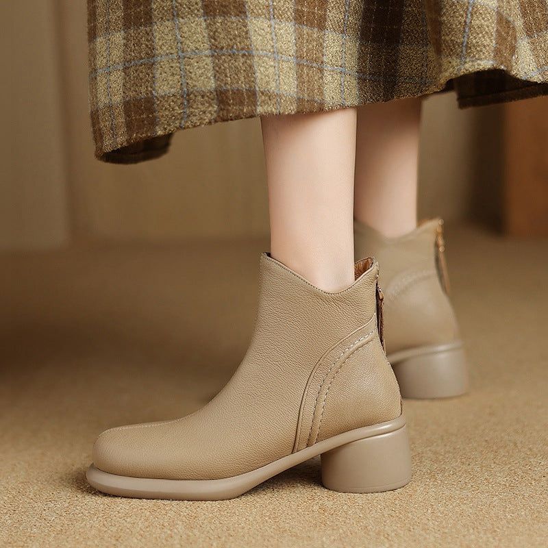 Retro Autumn Sheepskin Leather Soft Chunky Zipper Boots