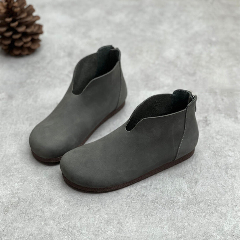 Gray Retro Minimalist Zipper Round Toe Flat Booties for Women
