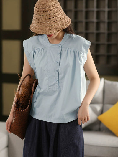 Women Summer Vintage Cotton Shirt Stand Collar Sleeveless Blouse