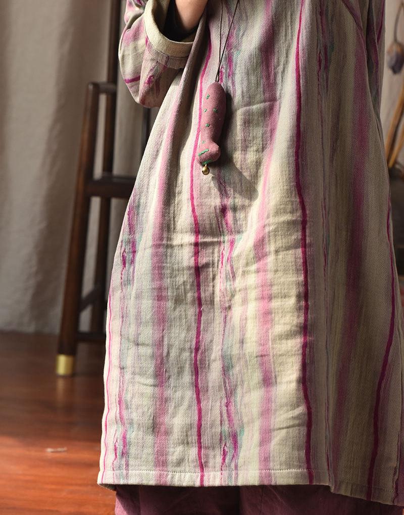 Vintage Asymmetric Front Striped Cotton Linen Dress for Women