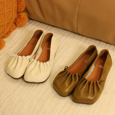 Women Summer Genuine Leather Square Toe Shallow Slip-Ons Flats