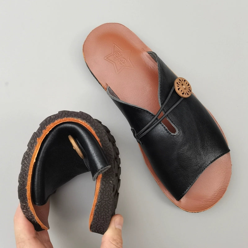 Summer Casual Leather Breathable Open Soft Toe Slippers