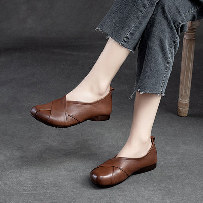 Vintage Cross-Strap Low-Cut Distressed Flat Leather Slip-Ons