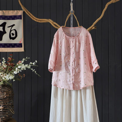 Women Summer Ramie Casual Embroidered Round Neck Shirt