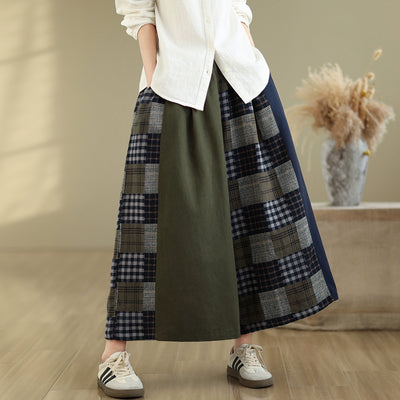 Women Spring Vintage Artistic Cotton Plaid Patchwork Wide-Leg Pants