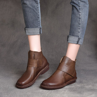 Women Minimalist Vintage Leather Velcro Soft Sole Short Boots
