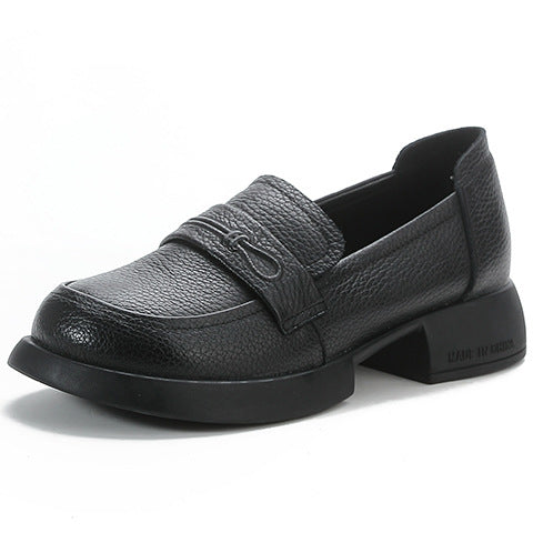 Women Retro Genuine Leather Mid Heel Thick Sole Platform Loafers
