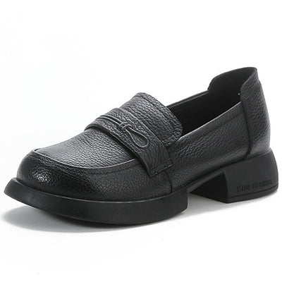 Women Retro Genuine Leather Mid Heel Thick Sole Platform Loafers