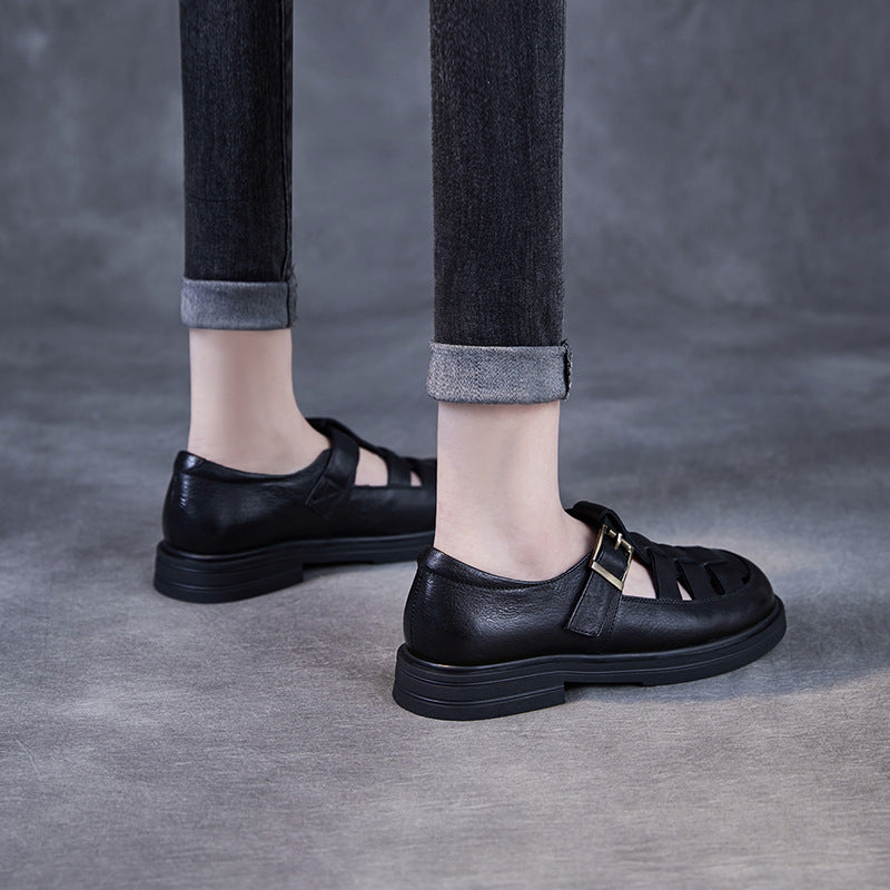 Babakud Women Spring Genuine Leather Hollow-Out Round-Toe Flat Sandals
