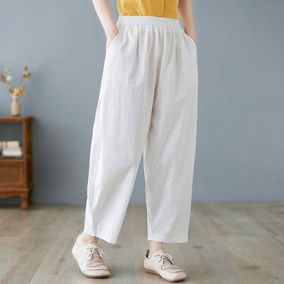 Women Summer Cotton Solid Color Elastic Waist Harem Pants