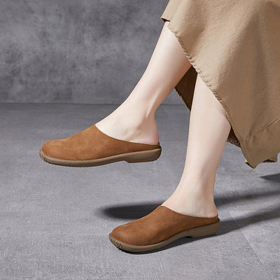 Women Spring Retro Soft Sole Genuine Leather Low Heel Slippers