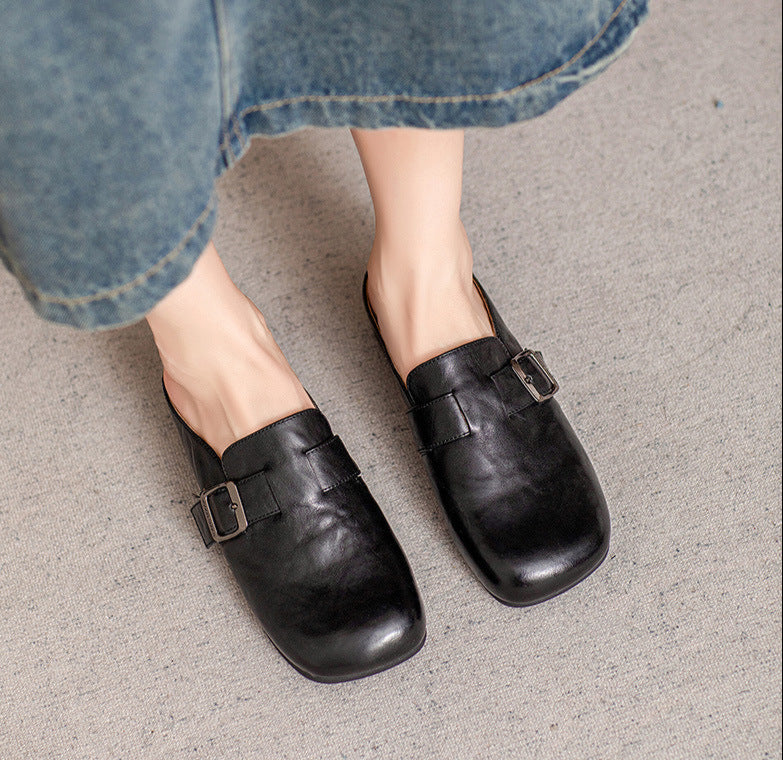 Minimalist Elegant Genuine Leather Low Heel Slippers for Women