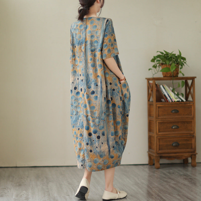 Summer Retro Cotton Linen Printed V-Neck Plus Size Dress