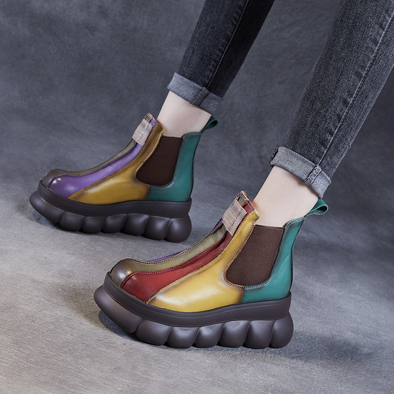 Multicolor Retro Chunky Sole Leather Ankle Boots for Women
