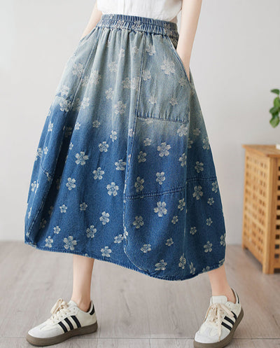 Ladies Retro Distressed Gradient Jacquard A-Line Denim Skirt