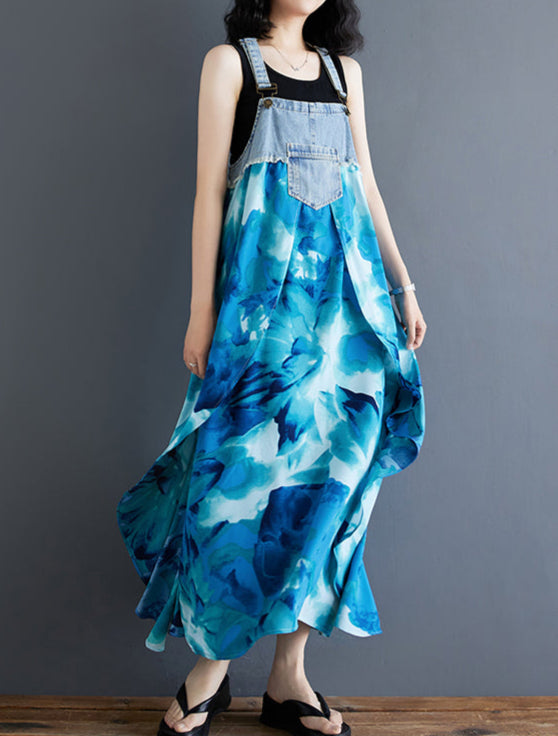 Women¡¯s Floral Spaghetti Strap Denim Patchwork Maxi Dress – Babakud