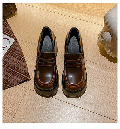 Women Retro Microfiber Platform Loafer Slip-On High Heel Shoes