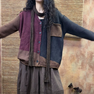 Autumn Retro Cotton V-Neck Casual Loose Patchwork Cardigans