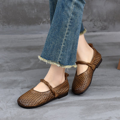 Babakud Women Spring Retro Handwoven Leather Casual Flats