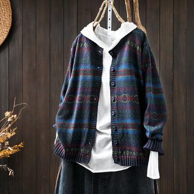 Women Spring Retro Cotton Knit Printed Casual Loose Cardigan