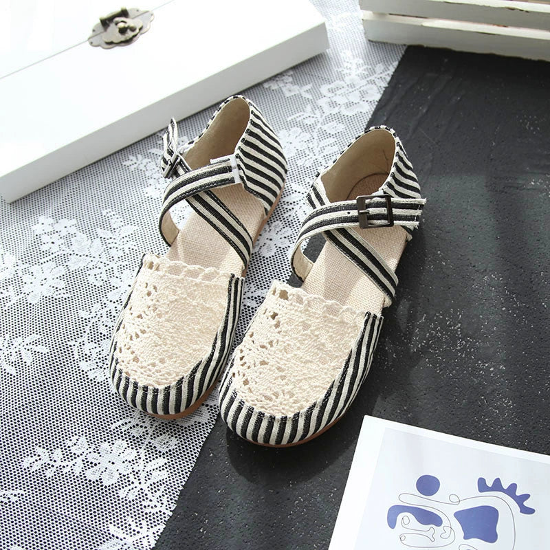 Summer Linen Closed Toe Lace Crossing Straped Striped Shoes