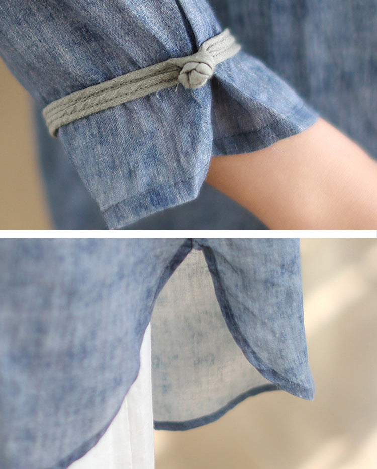 Women Spring Embroidered Loose Cotton Linen Mid-Length Shirt