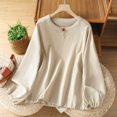 Retro Cotton Linen Round Neck Casual Lantern Sleeve Shirt