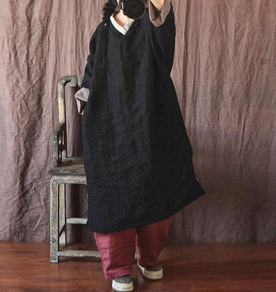 Women Vintage Color Block V-Neck Mid-Length Cotton Linen Coat