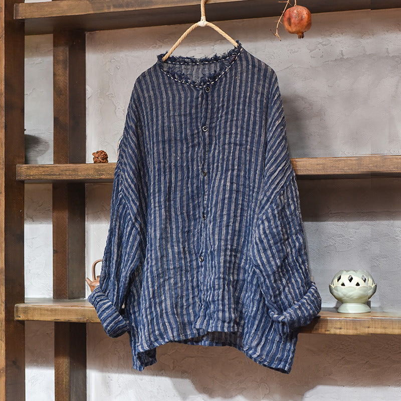 Women Retro Linen Washed Casual Loose Round Neck Shirt