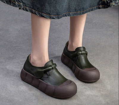 Ladies Retro Leather Platform Soft Sole Round Toe Slip-Ons
