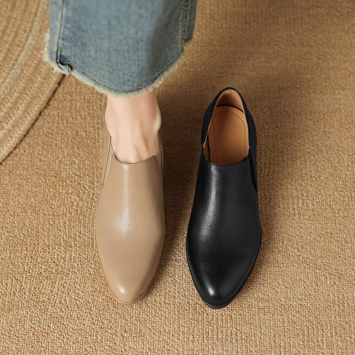 Autumn Sheepskin Leather Pointed Toe Elastic Slip-On Shoes