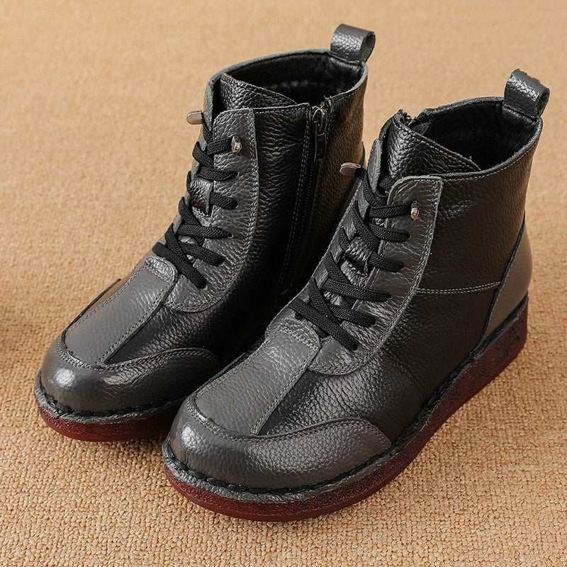 Winter Leather Fleece-In Patchwork Wide Toe Soft Sole Ankle Boots