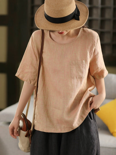 Women Vintage Casual Linen Loose Fit Short Sleeve Pullover Shirt
