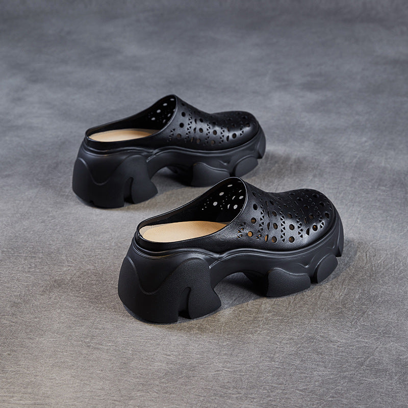 Summer Casual Leather Hollow Chunky Platform Slip On Shoes