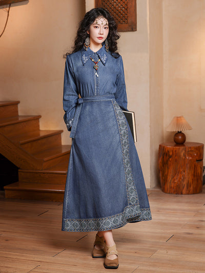 Autumn Denim Casual Loose Chinese Style Embroidered Skirt