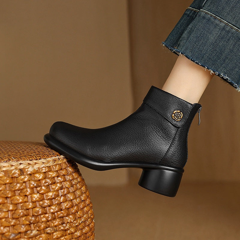 Autumn Vintage Elegant Sheepskin Leather Chunky Boots