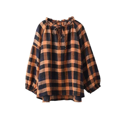 Women Loose Comfy Retro Ruffled Lace-Up Linen Shirt