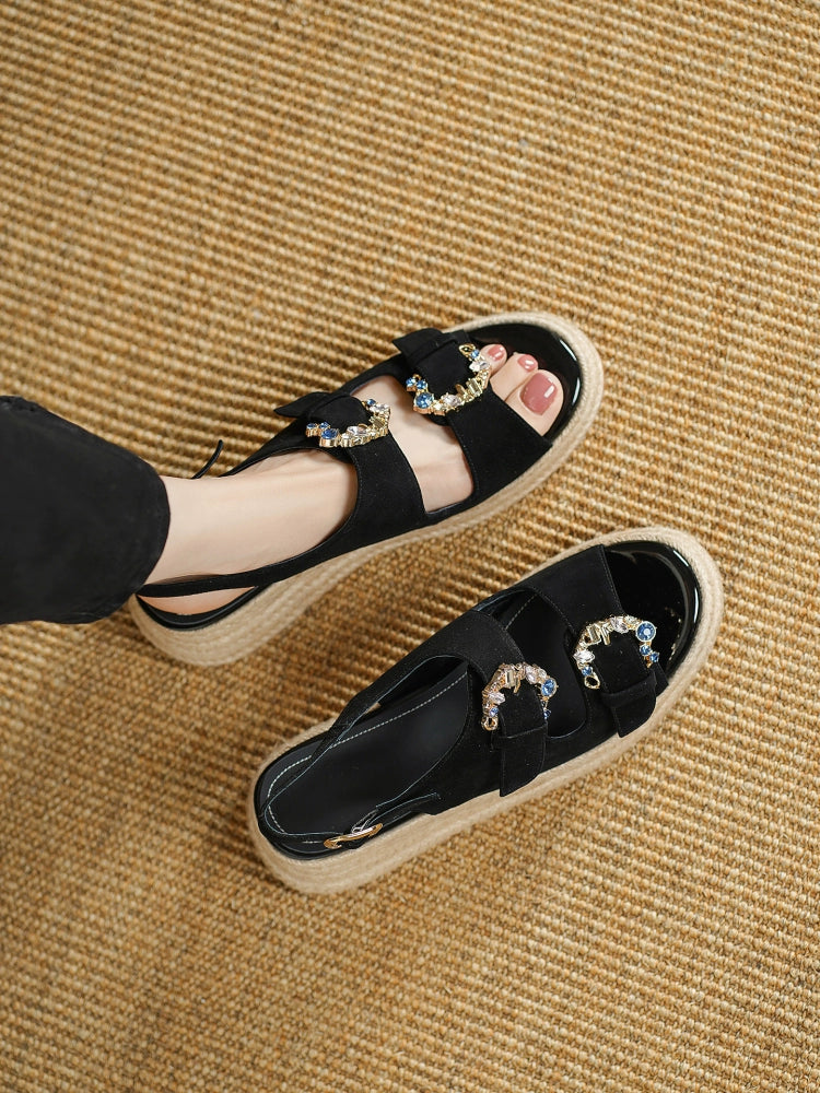 Retro Sheepskin Leather Open Toe Woven Diamond Shoes