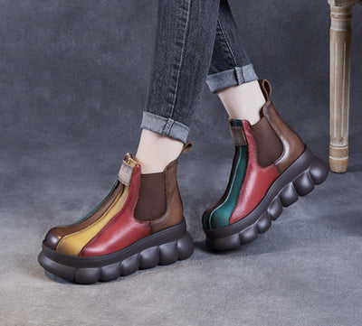 Multicolor Retro Chunky Sole Leather Ankle Boots for Women